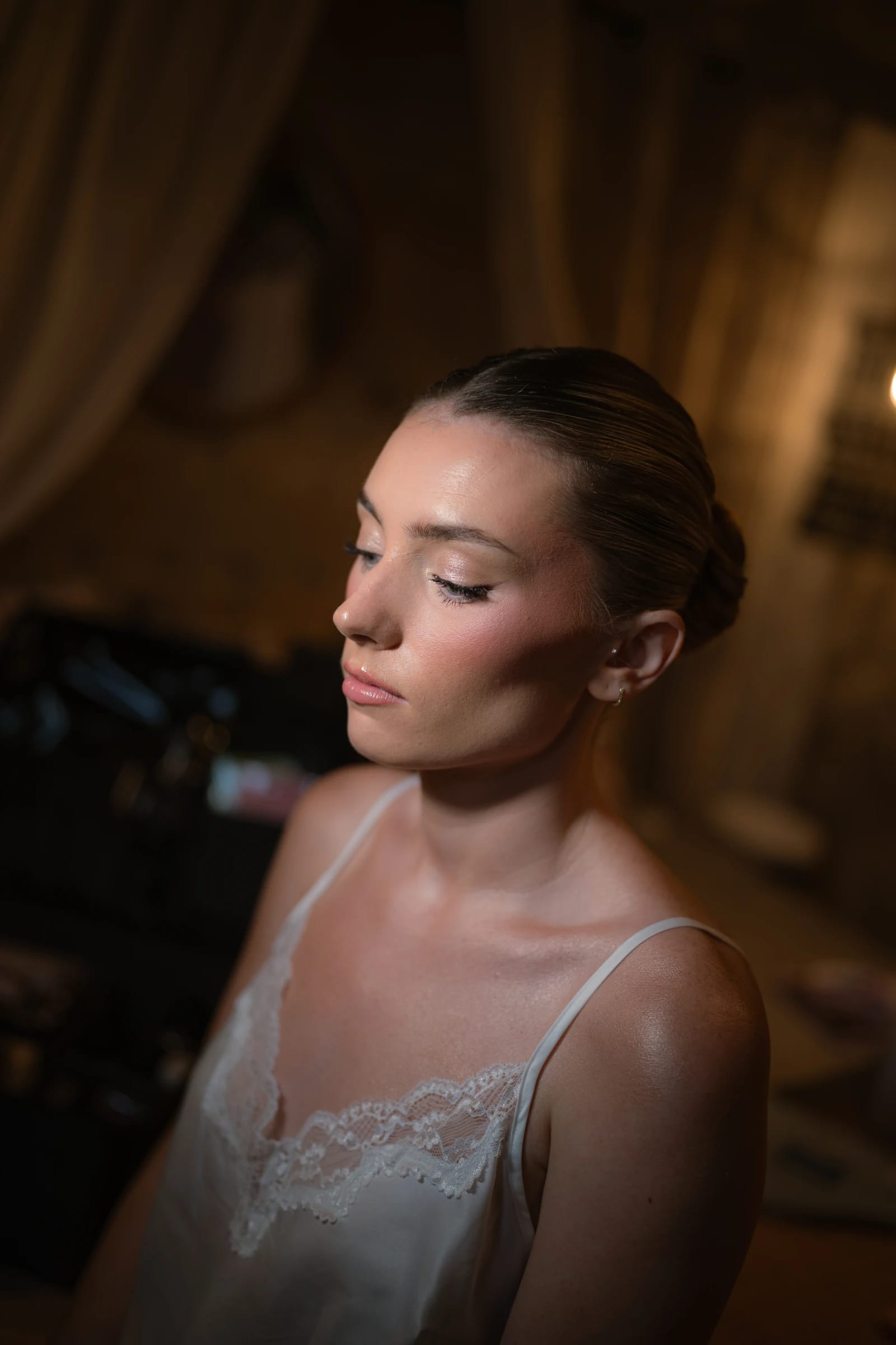 Bride Bailey in her wedding dress before the Liopetro ceremony in Kouklia, Paphos, Cyprus.