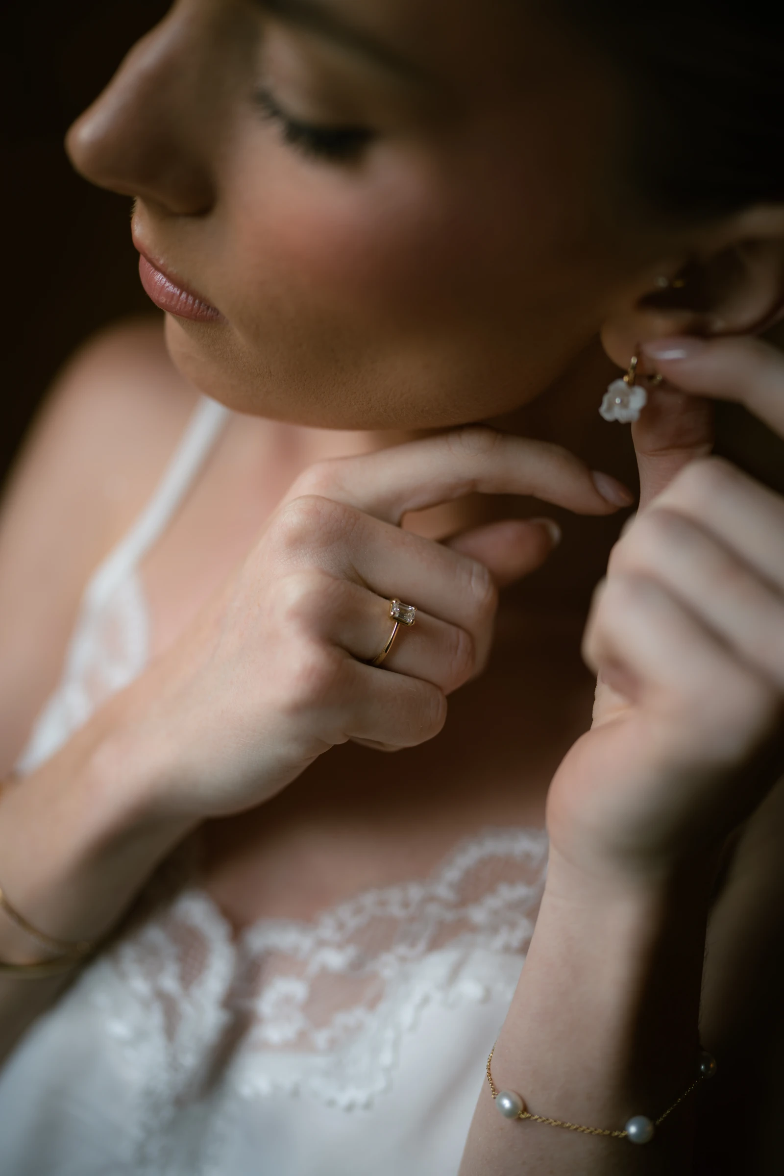Close detail of the wedding band and engagement ring on the bride at Liopetro, Paphos.