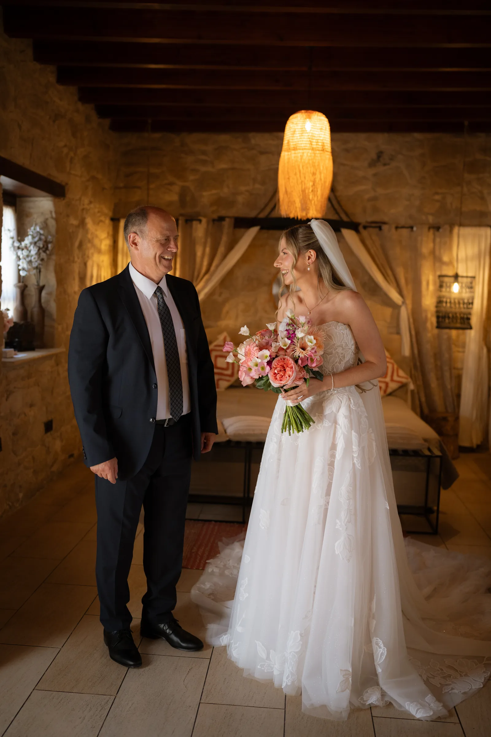Franziska's father seeing her in her wedding dress for the first time in the stone room at Liopetro, Paphos, Cyprus.