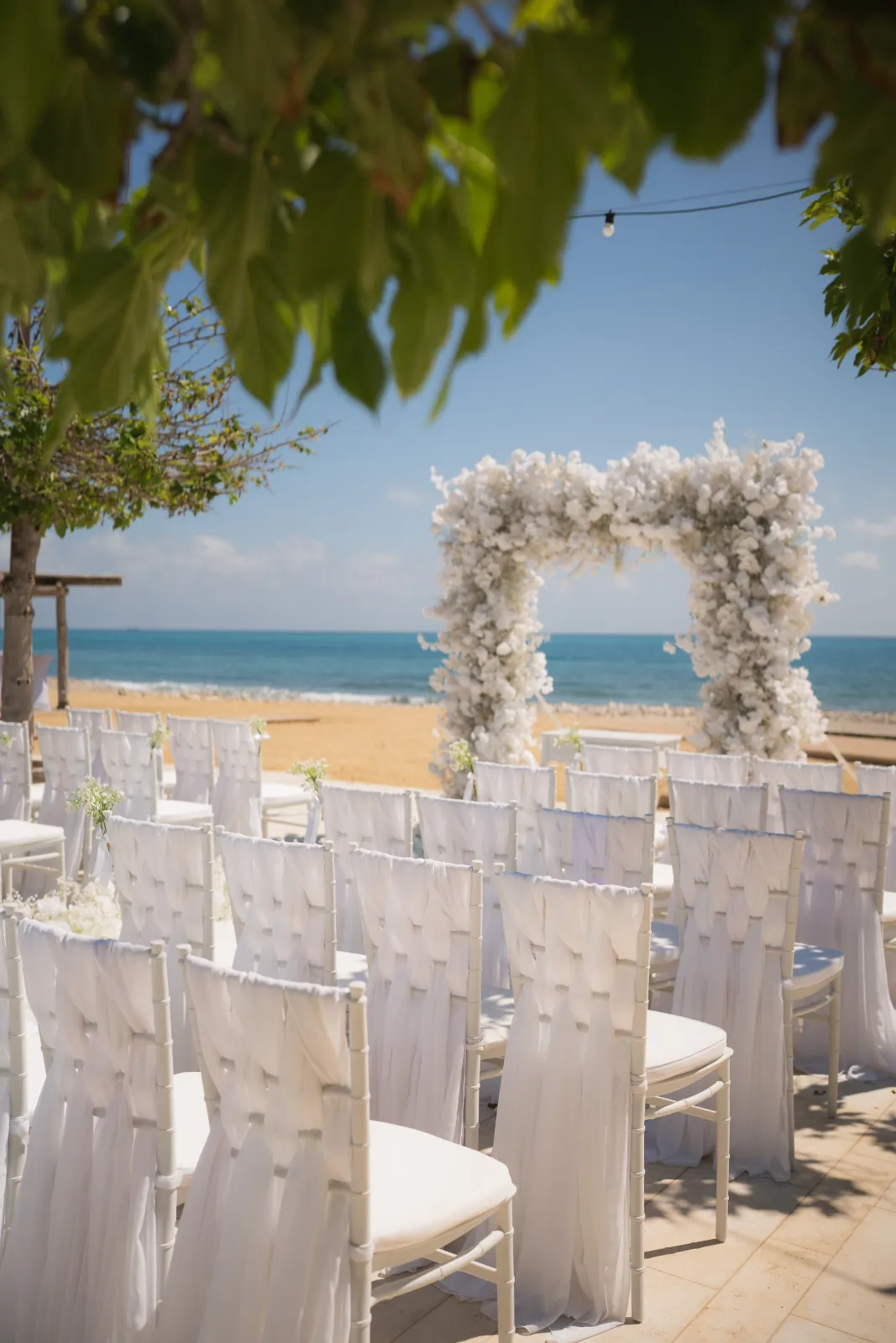 Ceremony chairs beneath a tree with the white floral arch and the sea beyond at Coral Residences, Paphos.